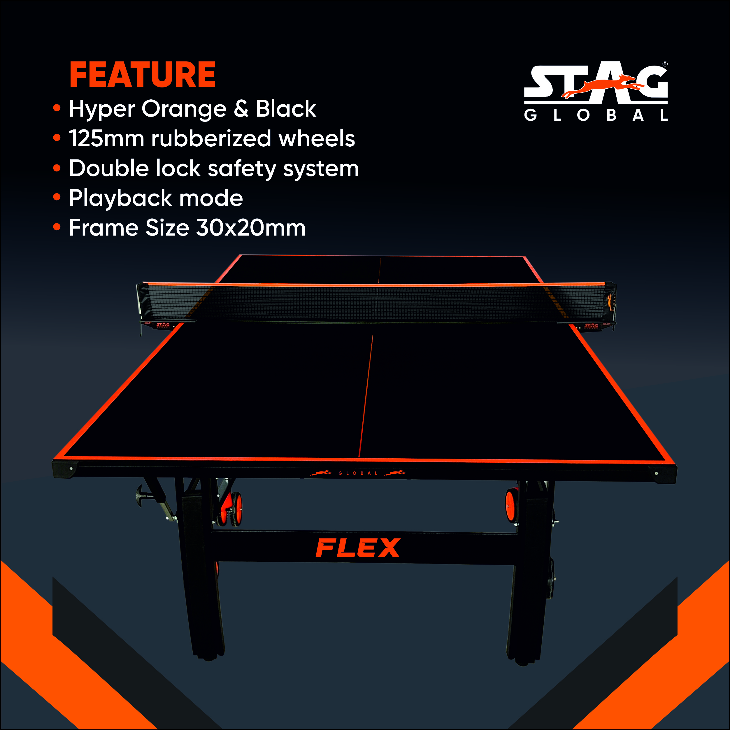 STAG GLOBAL Flex Table Tennis Table Black Top, Thickness 19mm with 2 TT Rackets, 6 Balls, 1 Table Cover & Clamp Net - Image 1