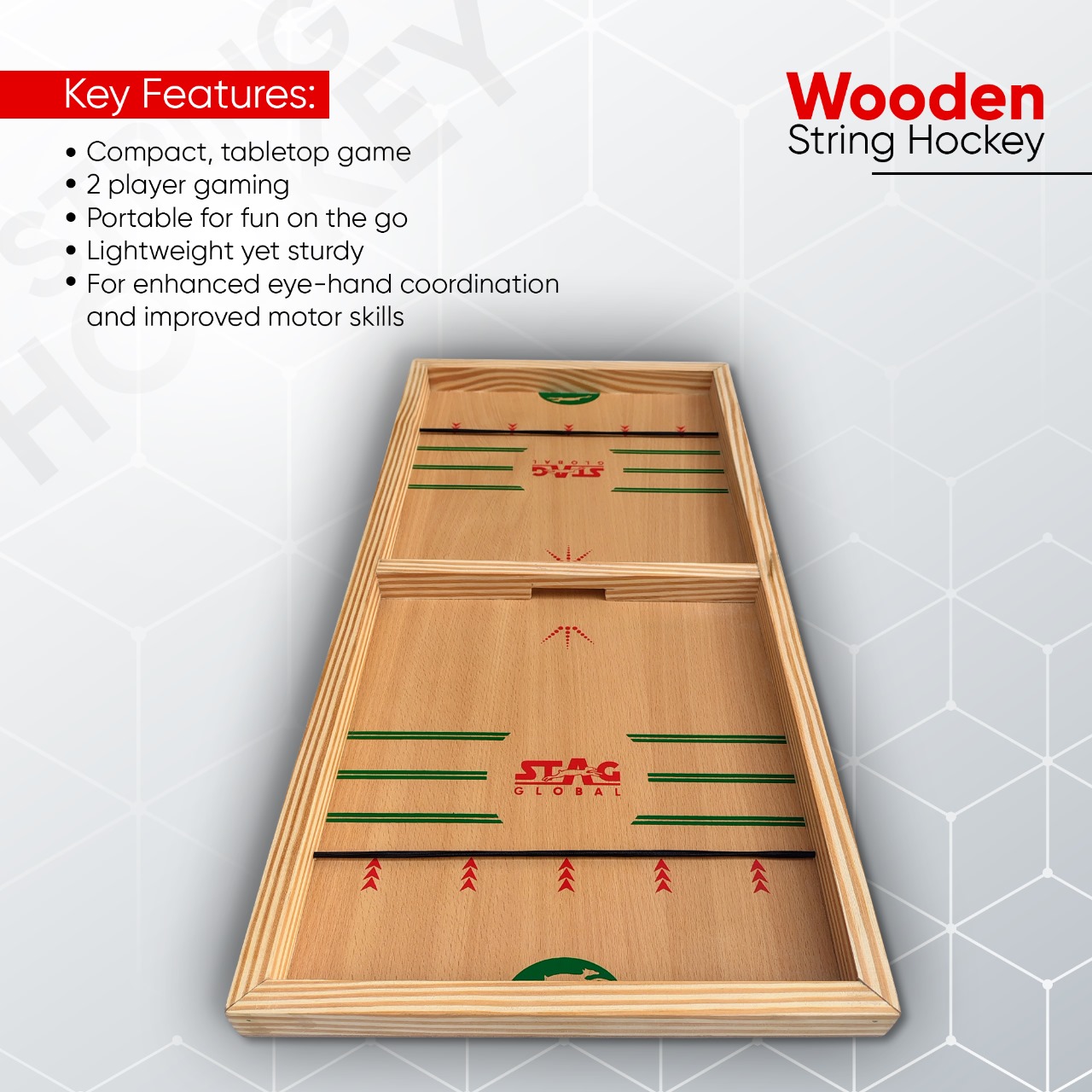 STAG GLOBAL (NEW LAUNCH) Wooden String Hockey Board Game | Compact Tabletop Game for Kids & Adults - Image 1