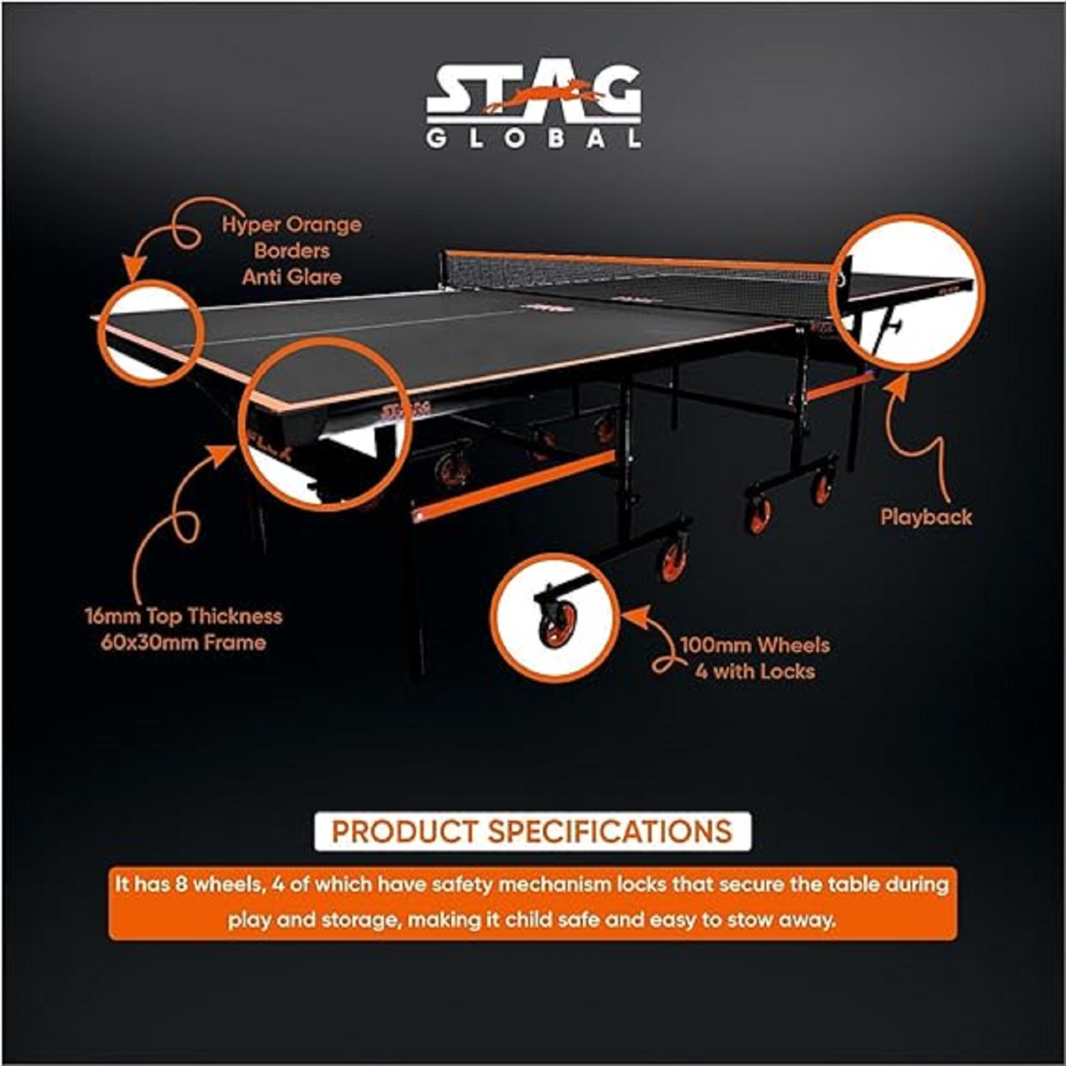 STAG GLOBAL Flex Table Tennis Table Black Top, Thickness 16mm with 2 TT Rackets, 6 Balls, 1 Table Cover & Clamp Net - Image 2