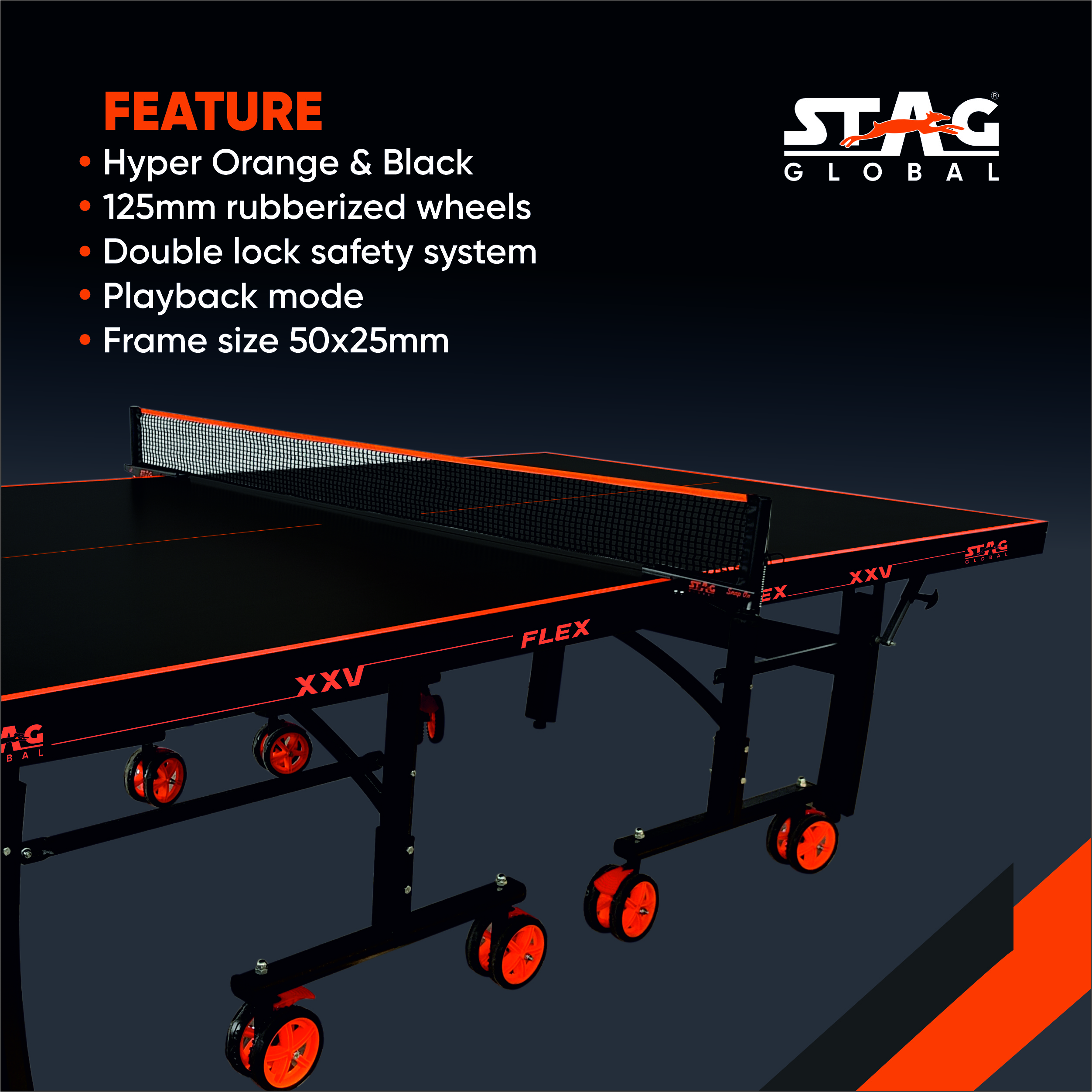 STAG GLOBAL Flex Table Tennis Table – Premium Black Top 25 mm with 2 TT Rackets, 6 Balls, 1 Table Cover & Clamp Net - Image 2