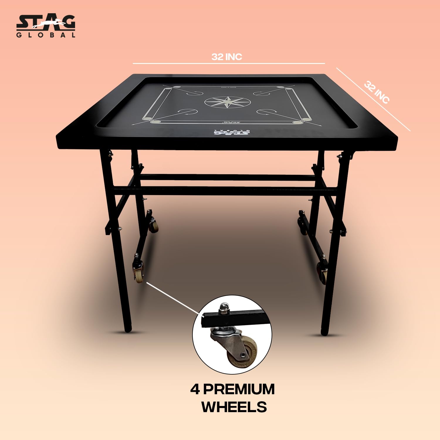 STAG GLOBAL Professional Black Carrom Board on Wheels | 9 Neon Green & 9 Orange Coins Striker - Image 2
