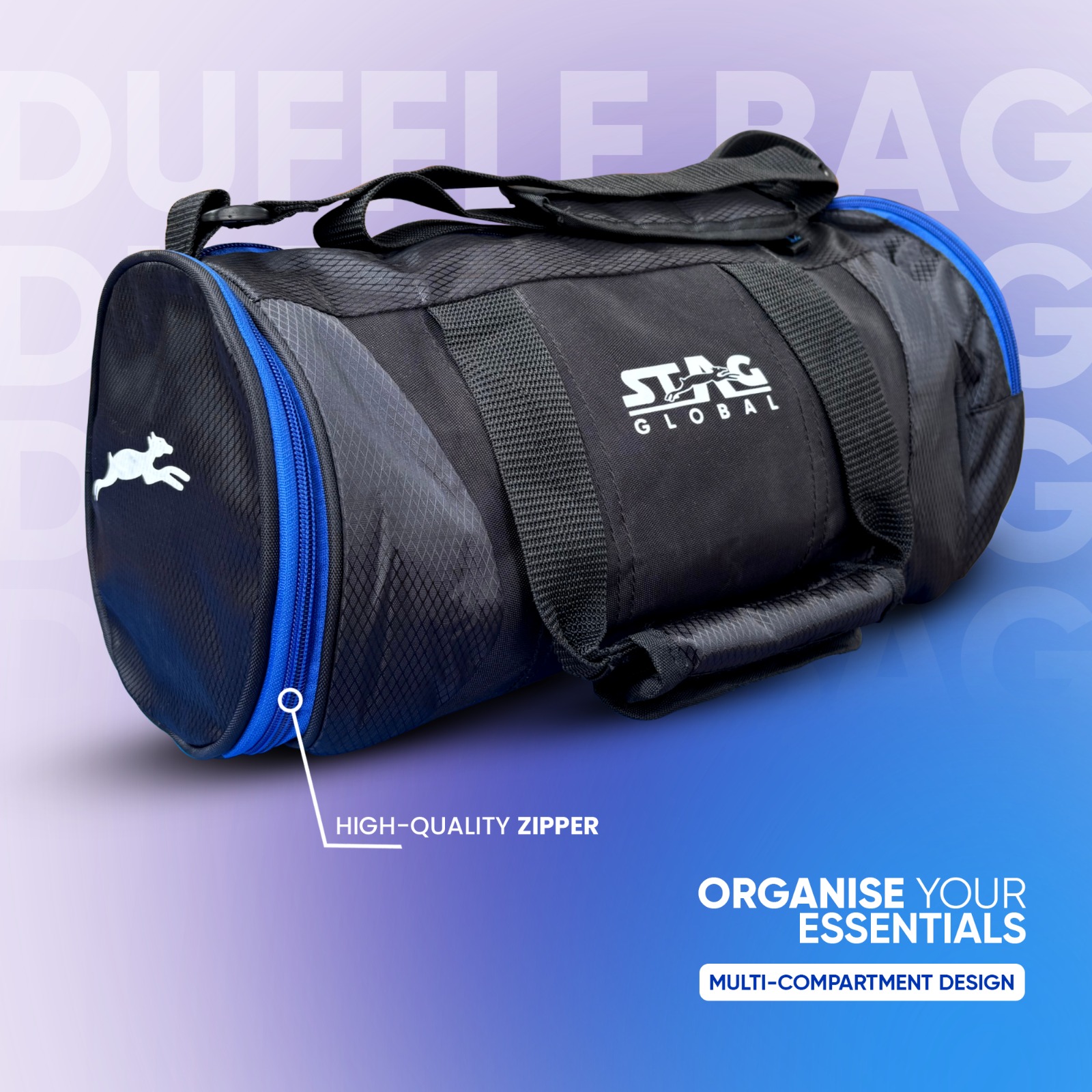 STAG GLOBAL Duffle Bag, Durable Travel Companion, Comfortable shoulder strap, Black & Blue - Image 2
