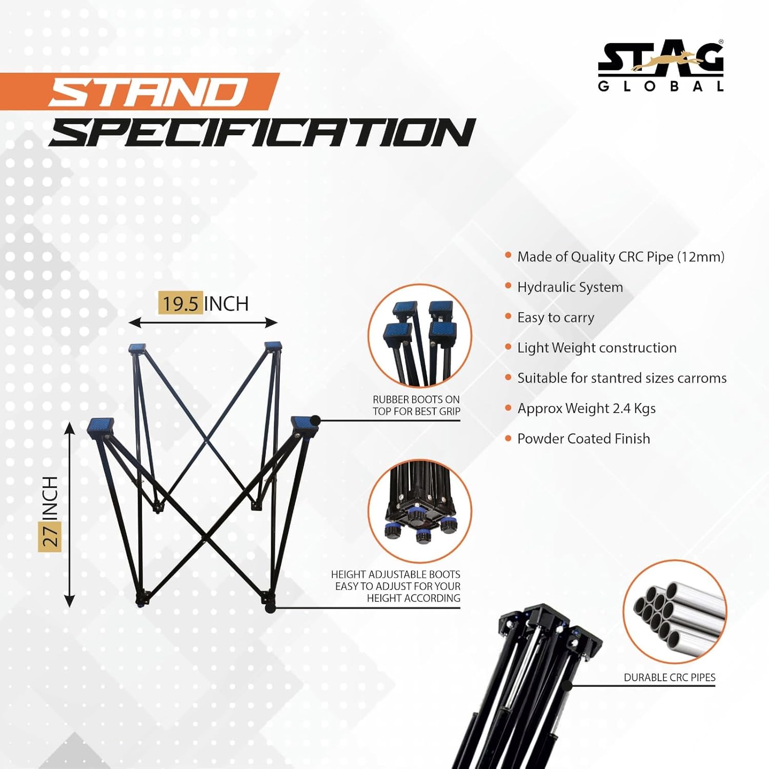 STAG GLOBAL Black Color Foldable Height Adjustable Carrom Board Stand - Image 2