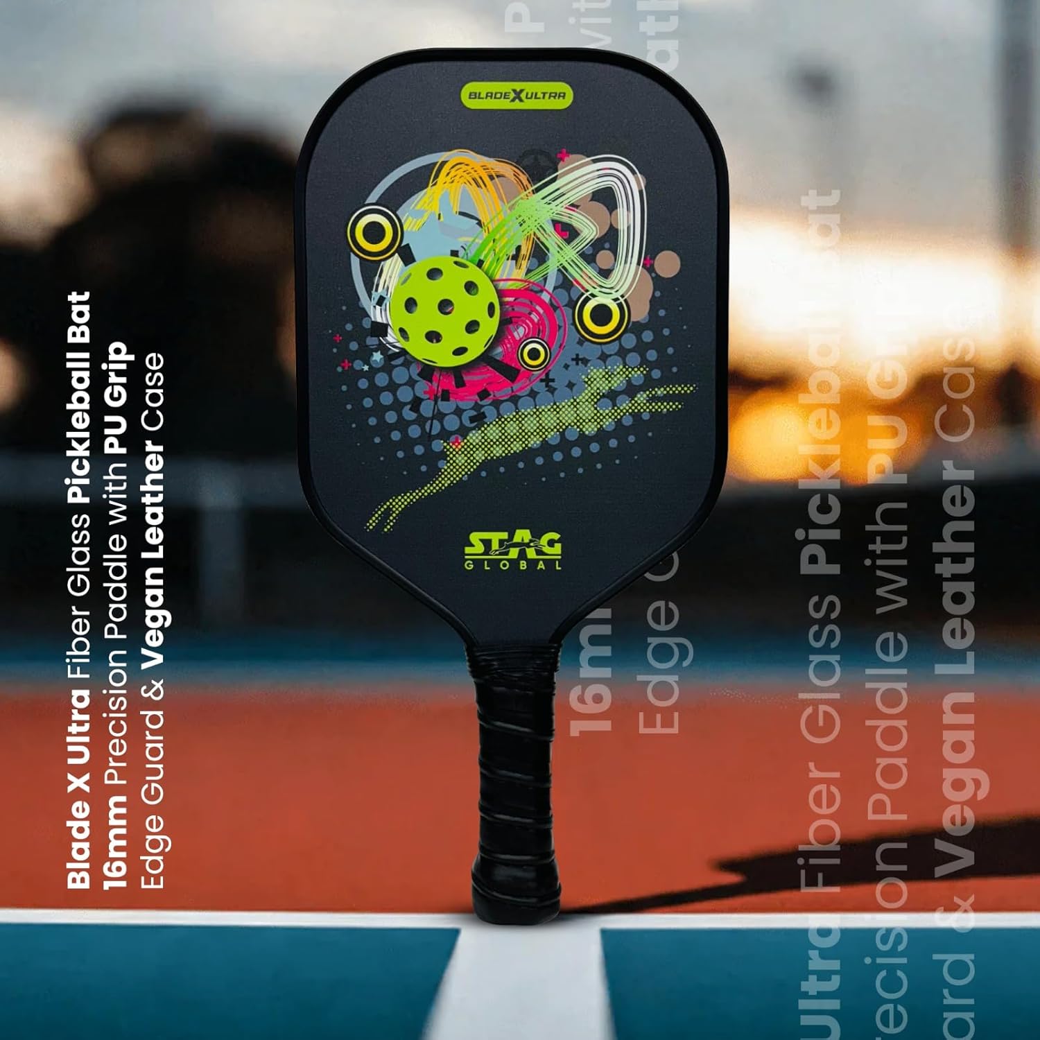 STAG GLOBAL Blade X Ultra Fiber Glass Pickleball Bat | 16mm Precision Paddle | Vegan Leather Case With 3 Outdoor Pickle Balls - Image 1